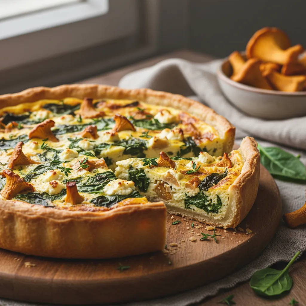 Recipe for: Seasonal quiche with chanterelles, spinach, and feta cheese - photo 1
