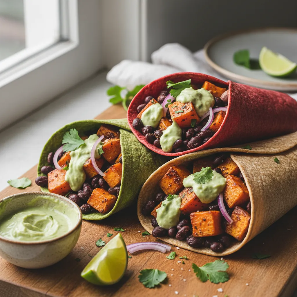 Recipe for: Colorful Wraps with Roasted Sweet Potato, Black Beans, and Avocado-Lime Sauce - photo 1