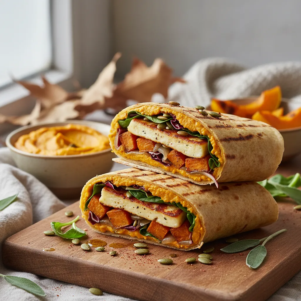 Przepis na: Jesienny Wrap z Pieczonym Dyniowym Humusem i Grillowanym Halloumi - zdjęcie 1