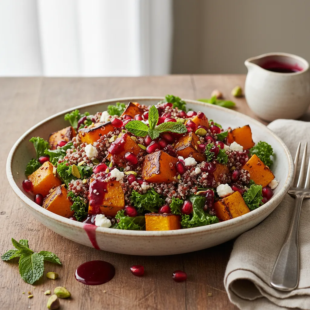 Warm salad with roasted butternut squash, quinoa, and pomegranate vinaigrette - photo 1