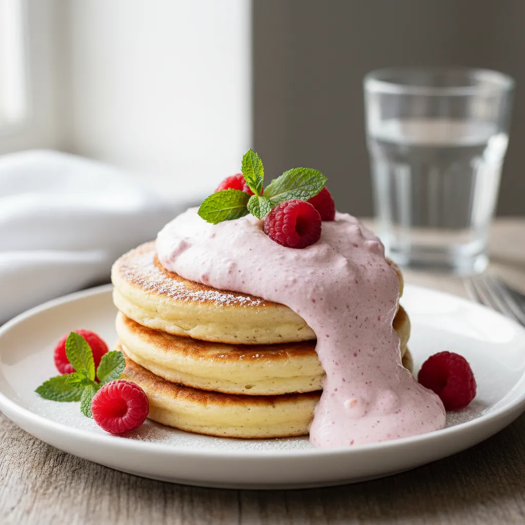 Recipe for: Fluffy ricotta pancakes with raspberry puree and fresh mint - photo 1