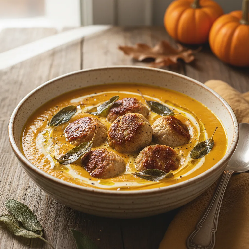 Kremowa zupa dyniowa z pieczonymi klopsikami z indyka i chrupiącą szałwią - zdjęcie 1