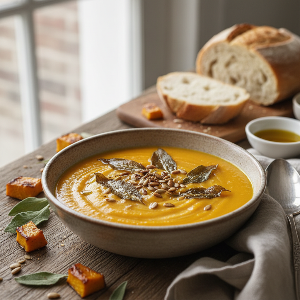 Creamy roasted pumpkin soup with sage chips and toasted seeds - photo 1