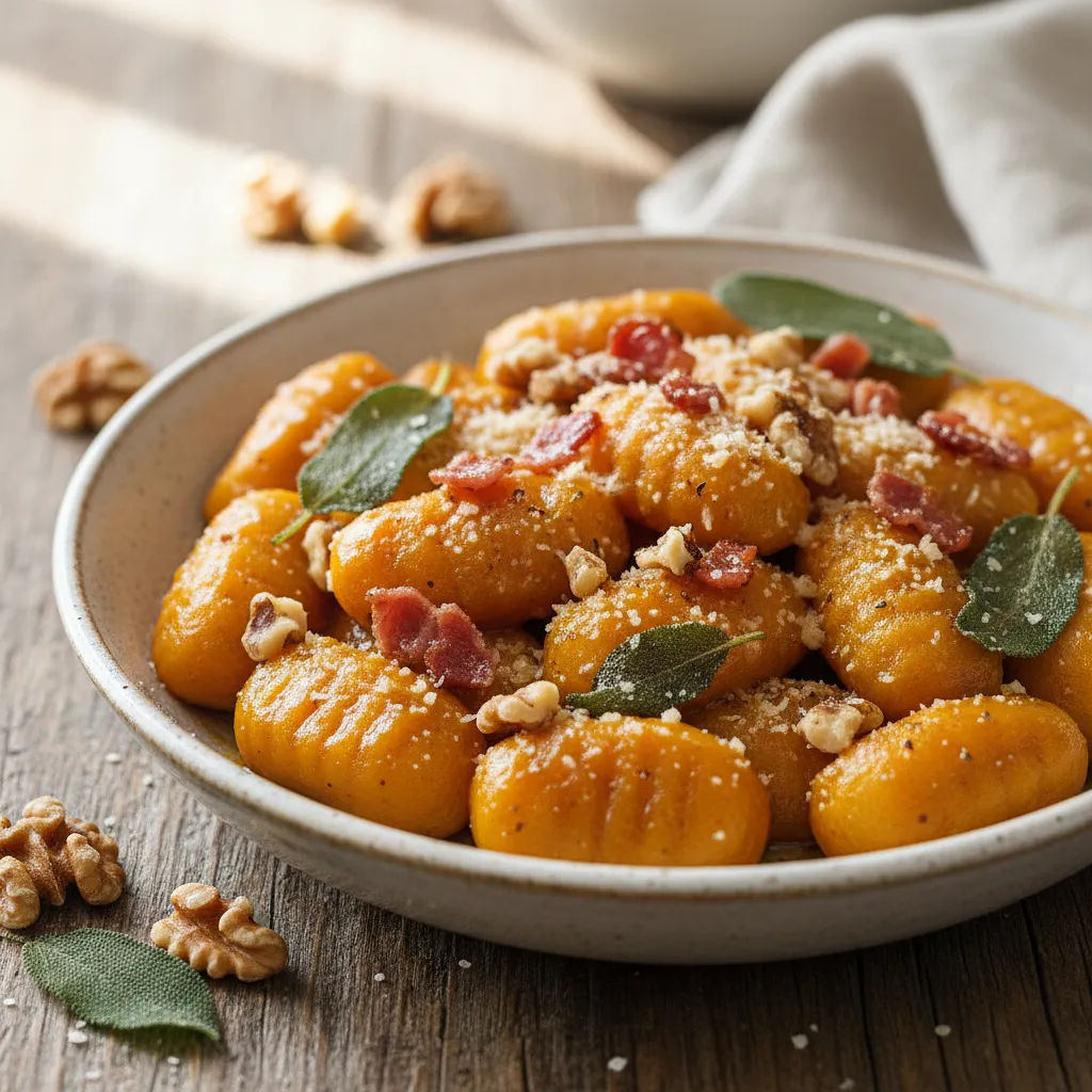 Recipe for: Kremowe Gnocchi Dyniowe z Szałwiowym Masłem, Chrupiącym Boczkiem i Orzechami Włoskimi - photo 1