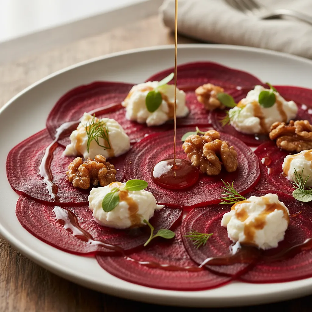 Przepis na: Carpaccio z pieczonego buraka z kozim serem, karmelizowanymi orzechami i winegretem miodowo-balsamicznym - zdjęcie 1
