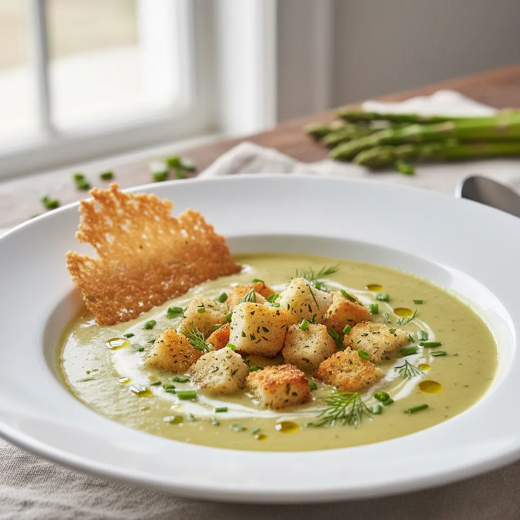 Recipe for: Aksamitny krem ze szparagów z chipsem parmezanowym i ziołowymi grzankami - photo 1