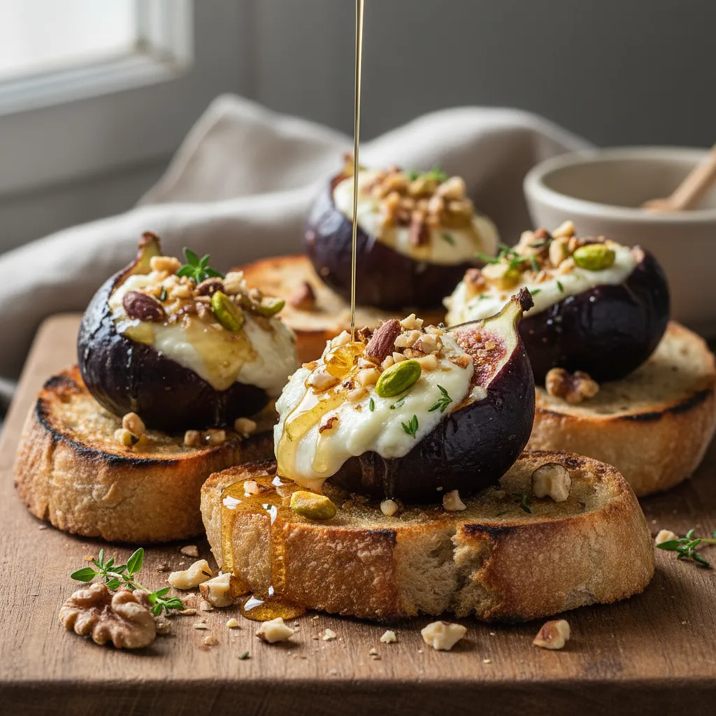 Pieczone Figi z Kozim Serem, Miodem i Orzechami na Chrupiącej Grzance - photo 1