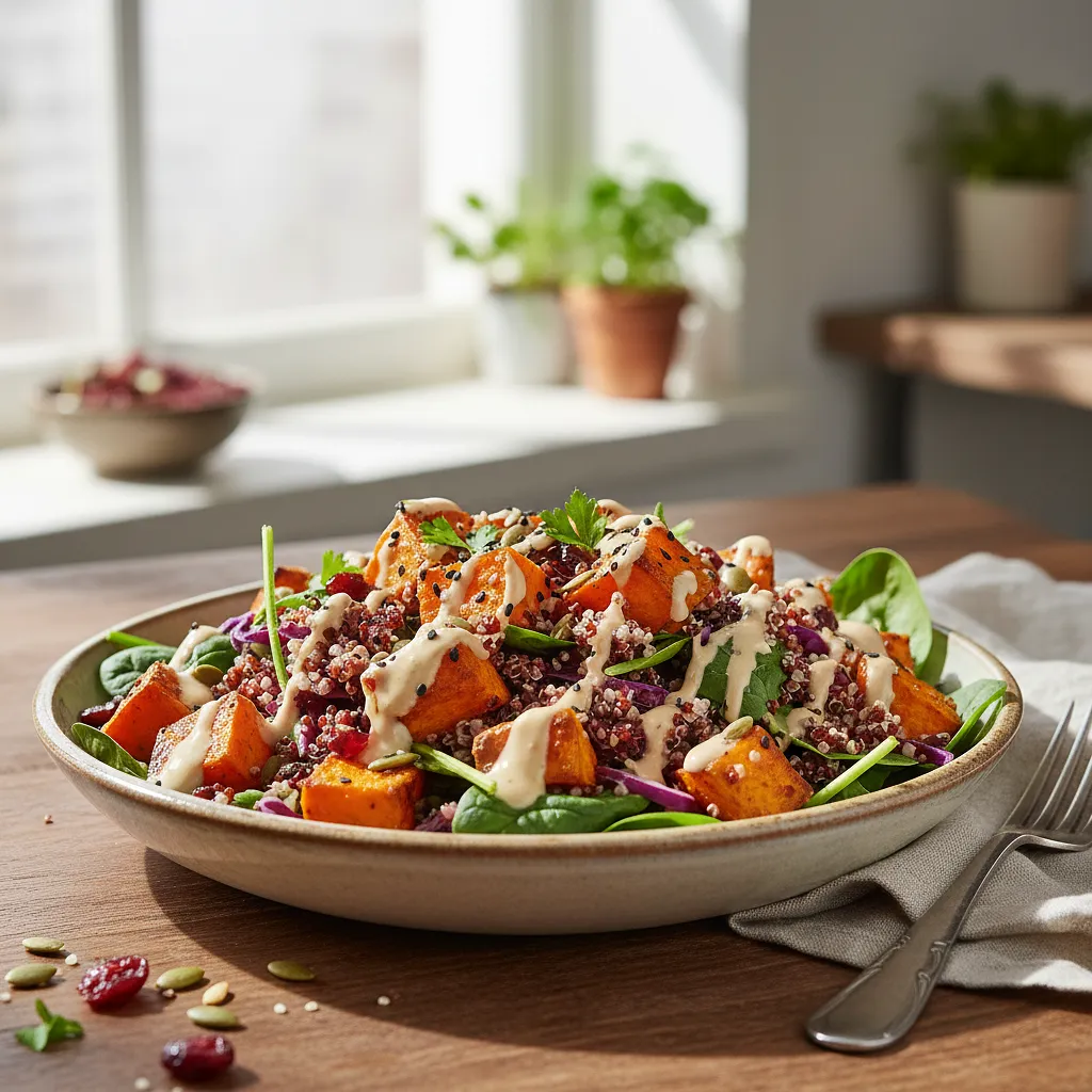 Hearty salad with roasted sweet potato, quinoa, and tahini dressing - photo 1