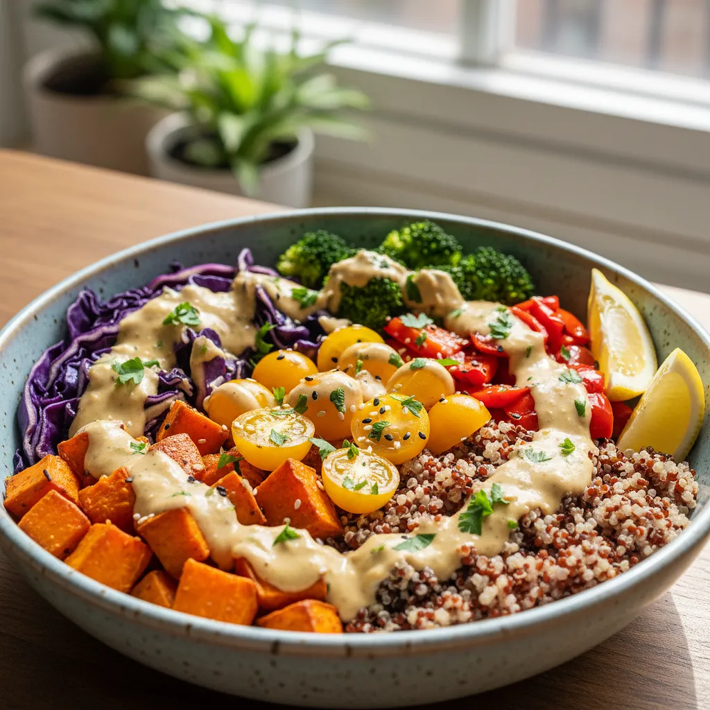 Tęczowe Miseczki Mocy z Quinoa, Pieczonymi Warzywami i Sosem Tahini-Cytrusowym - zdjęcie 1