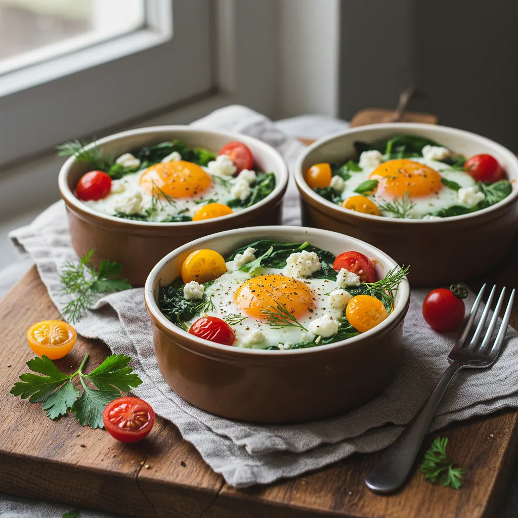 Baked eggs in ramekins with spinach, feta, and cherry tomatoes - photo 1