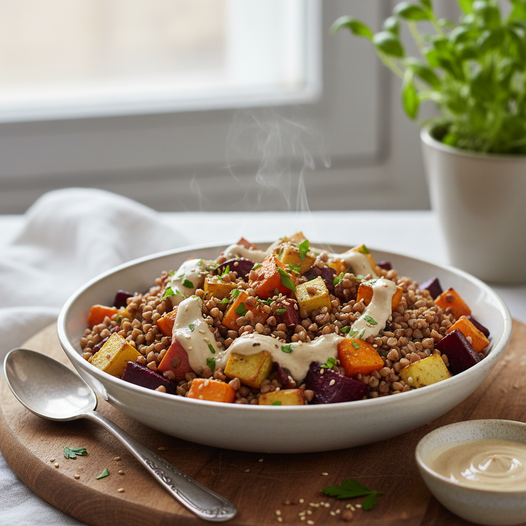 Warm buckwheat with roasted root vegetables and tahini sauce - photo 1