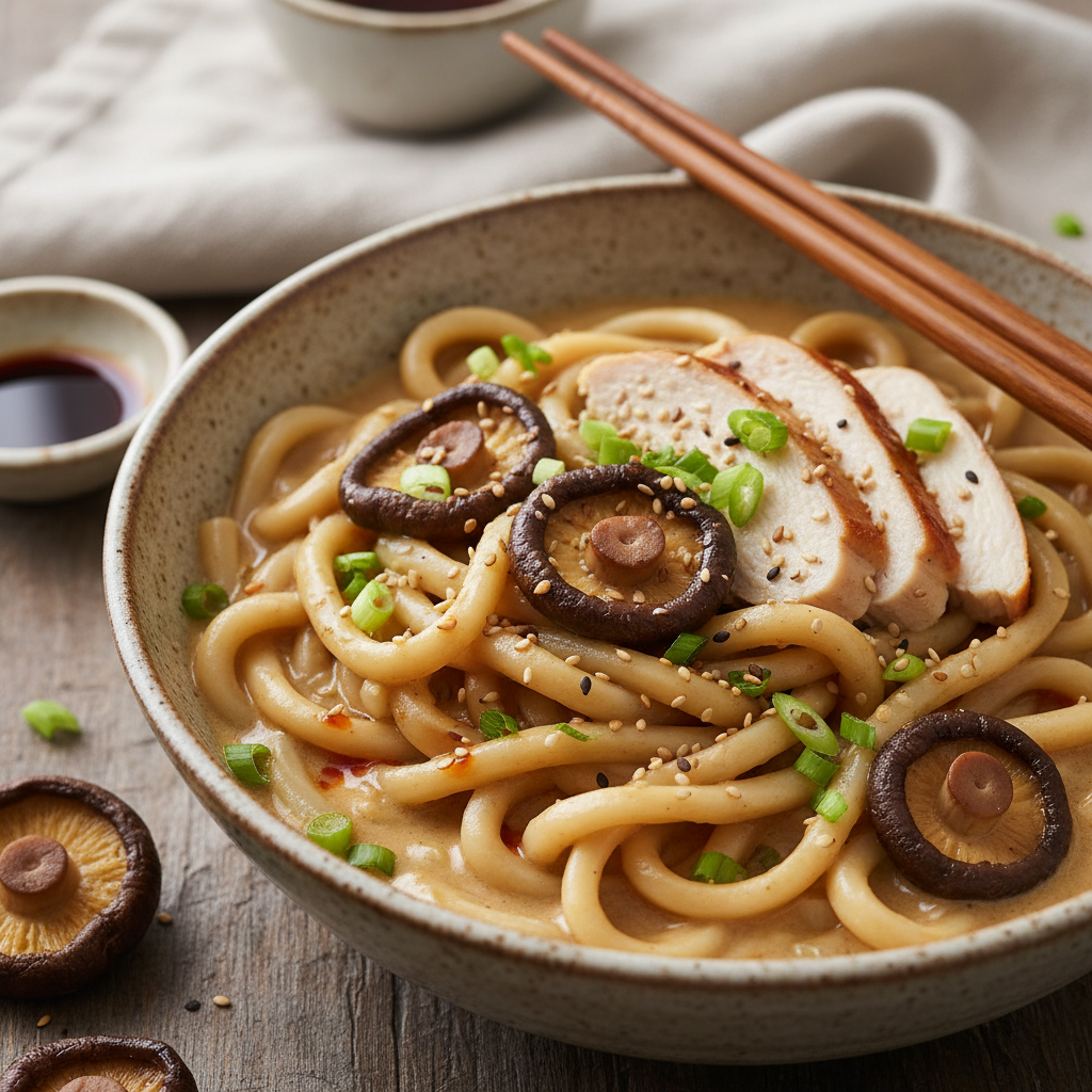 Homemade Udon Noodles in Creamy Miso Sauce with Chicken and Shitake Mushrooms - photo 1
