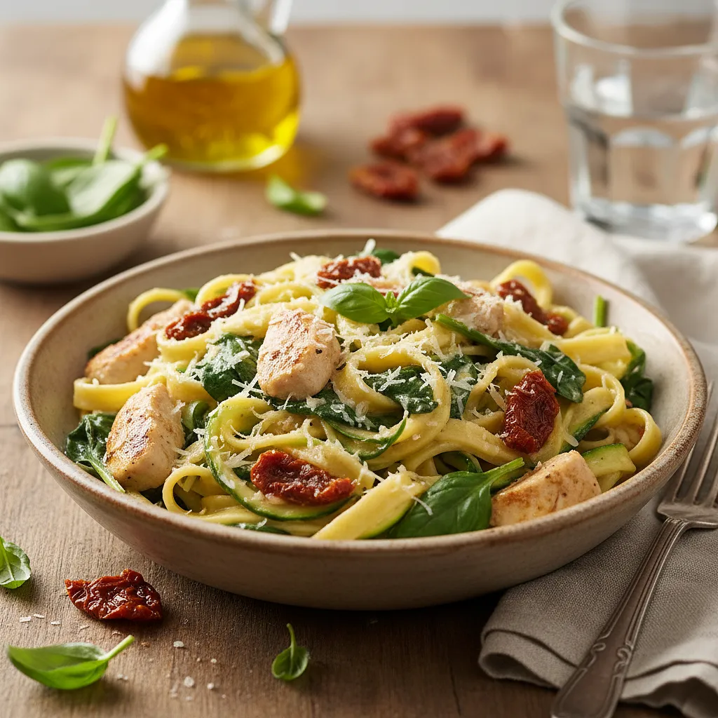 Recipe for: Keto Tagliatelle with Chicken, Spinach, and Sun-Dried Tomatoes in Creamy Sauce - photo 1
