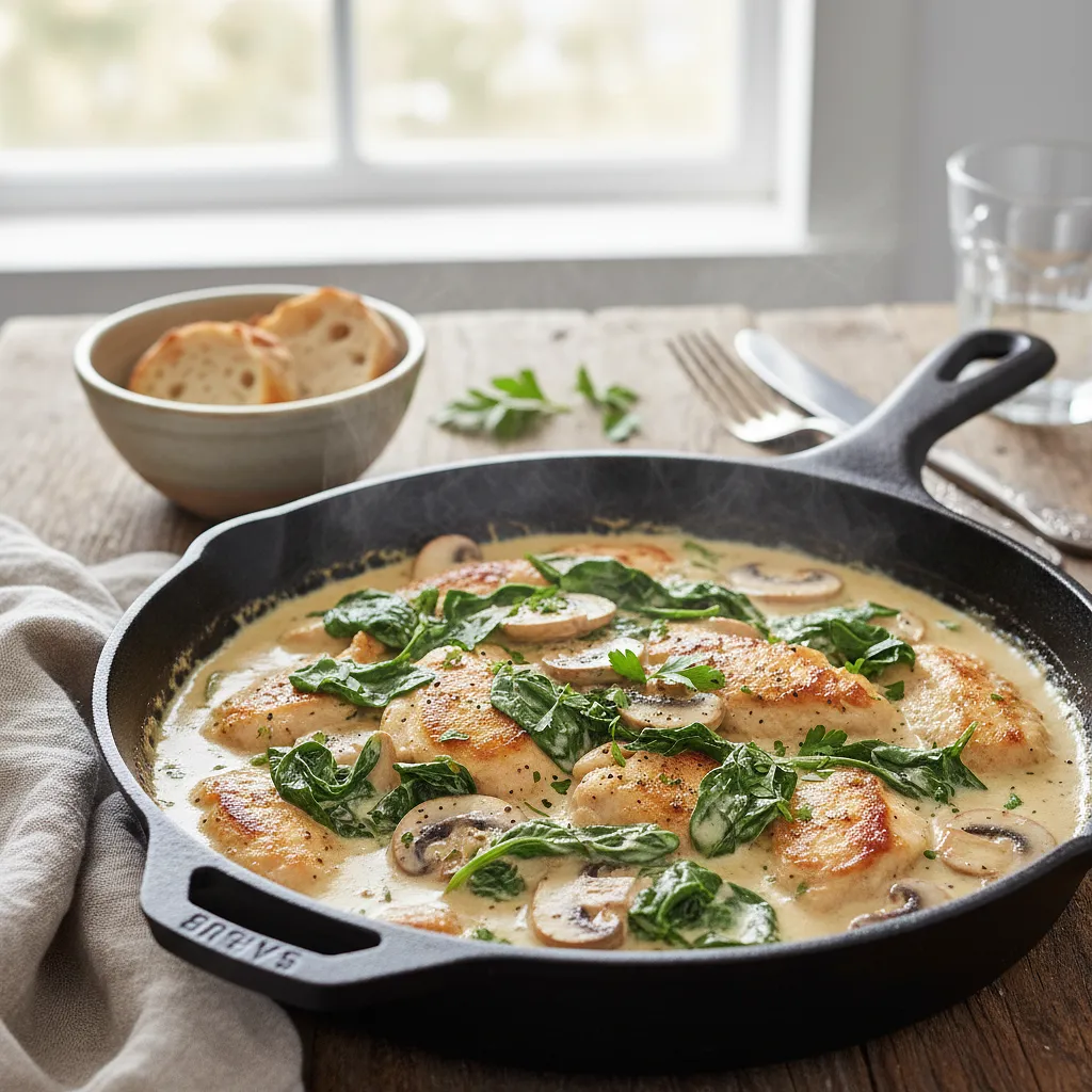 Creamy chicken with mushrooms and spinach in one pot - photo 1