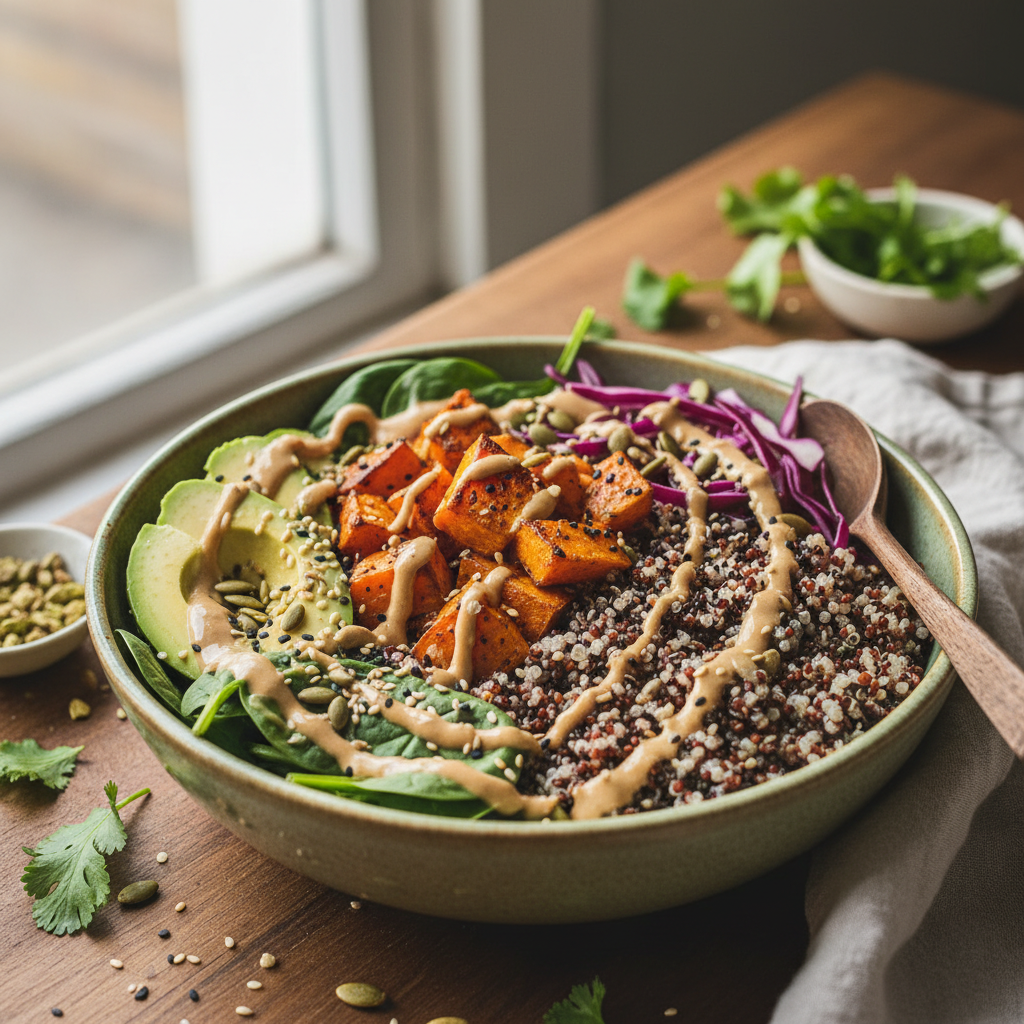 Buddha Bowl of Power with Roasted Sweet Potato, Quinoa, and Peanut Tahini Sauce - photo 1