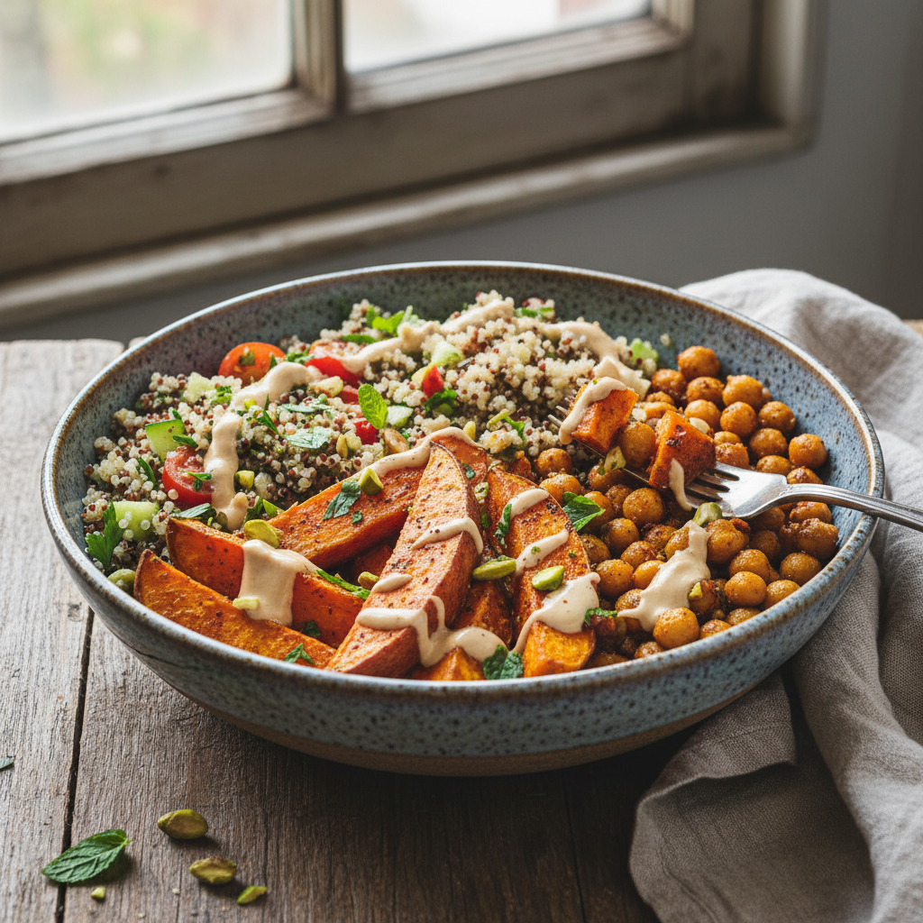 Plate of Abundance: Baked Sweet Potatoes with Tahini Sauce, Spicy Chickpeas, and Quinoa Salad - photo 1