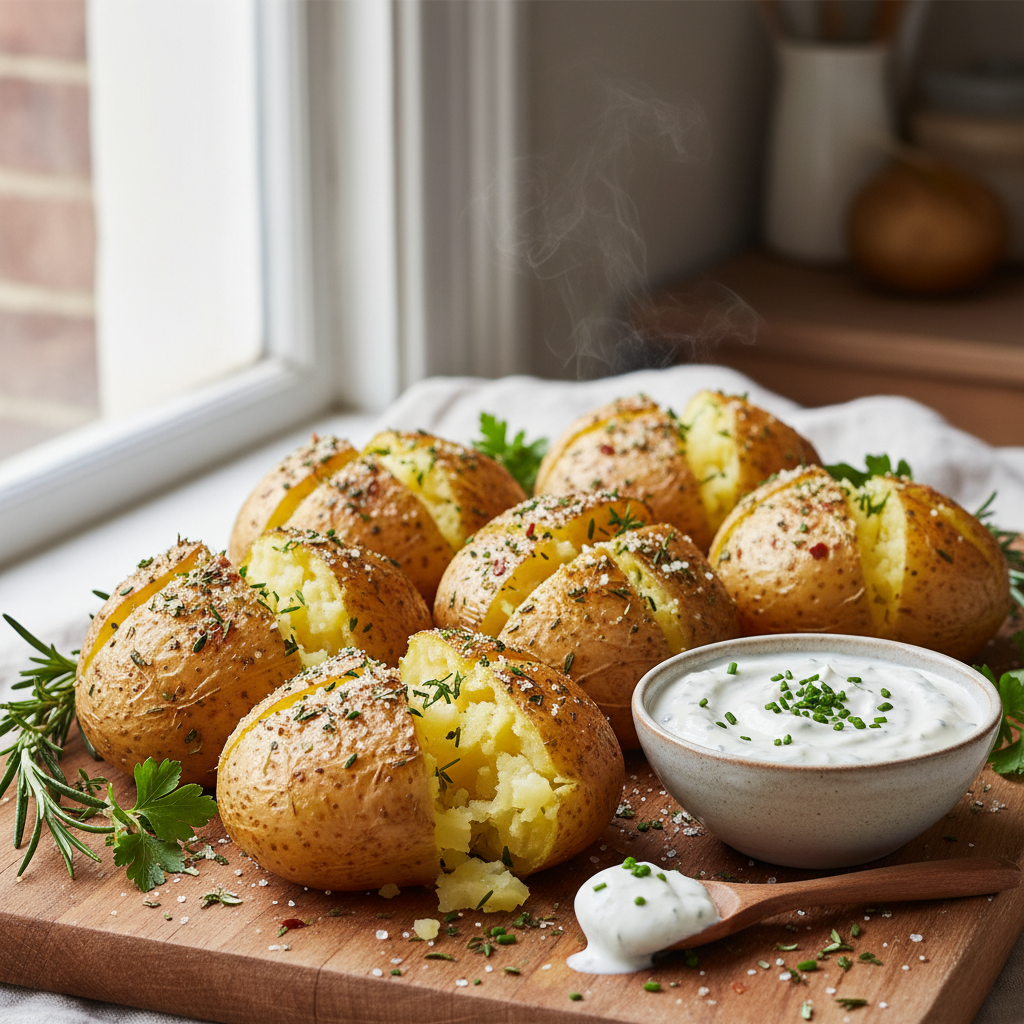 Baked potatoes in herb salt with creamy horseradish cheese spread - photo 1