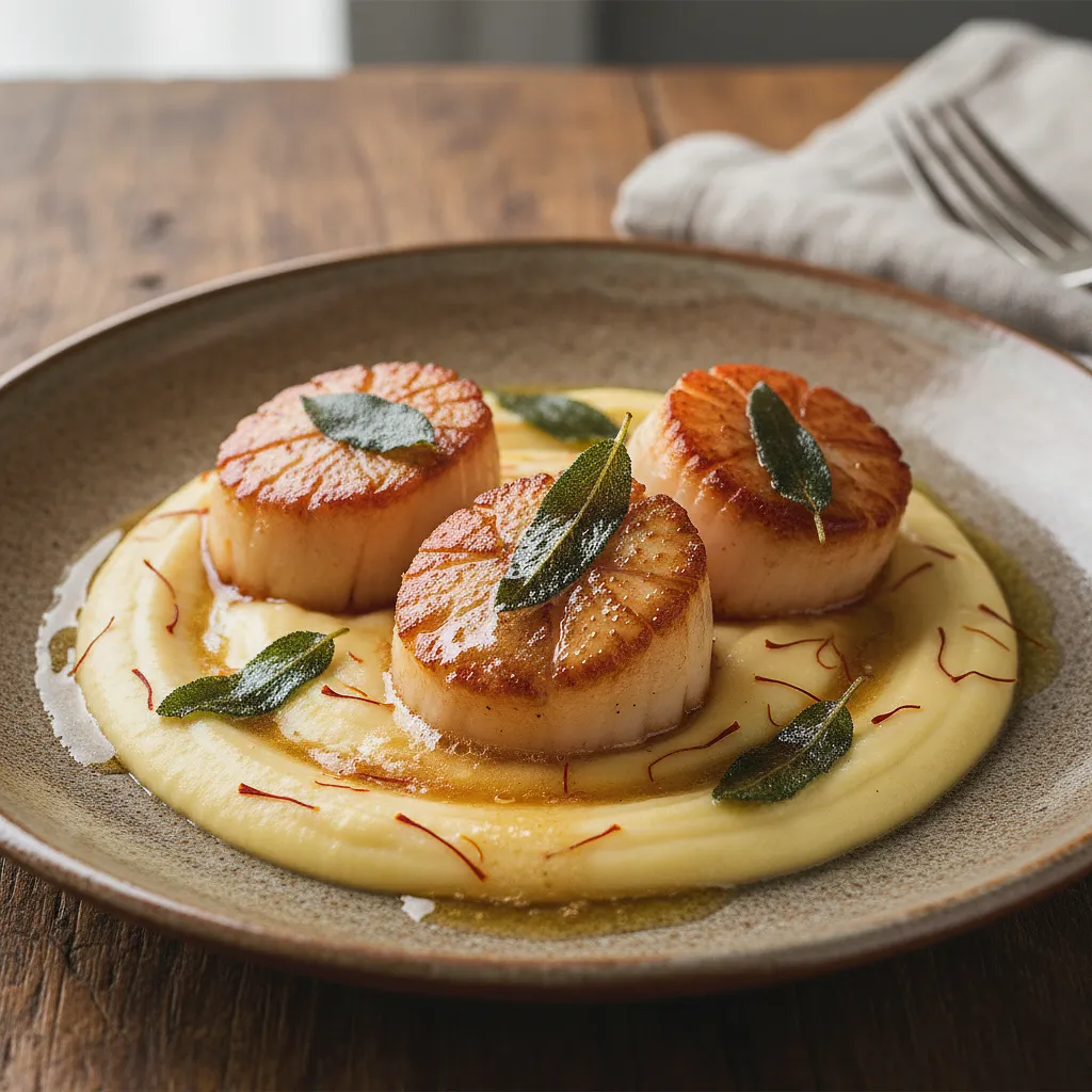 Scallops on Saffron Parsnip Purée with Sage Peanut Butter - photo 1