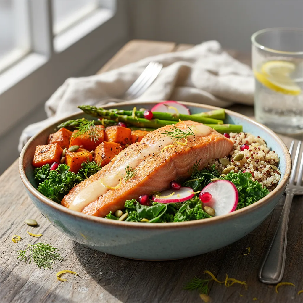 Mighty Thinker's Bowl with Baked Salmon and Lemon Dressing - photo 1