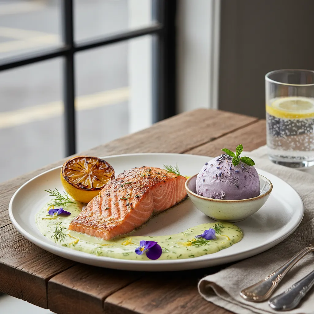 Grilled salmon with lemon-dill sauce and homemade lavender ice cream - photo 1