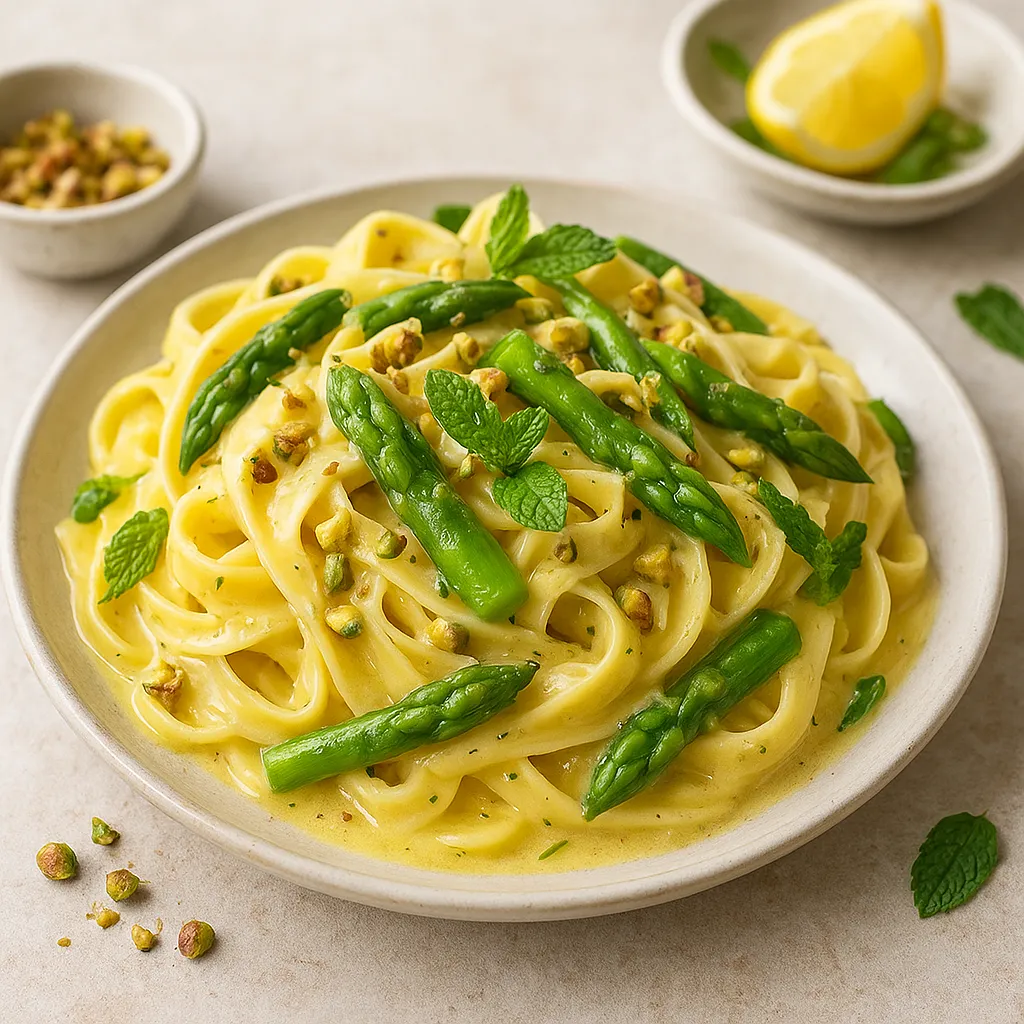 Kremowe Tagliatelle z Blanszowanymi Szparagami w Cytrynowo-Maślanym Sosie z Pistacjami i Miętą - zdjęcie 1