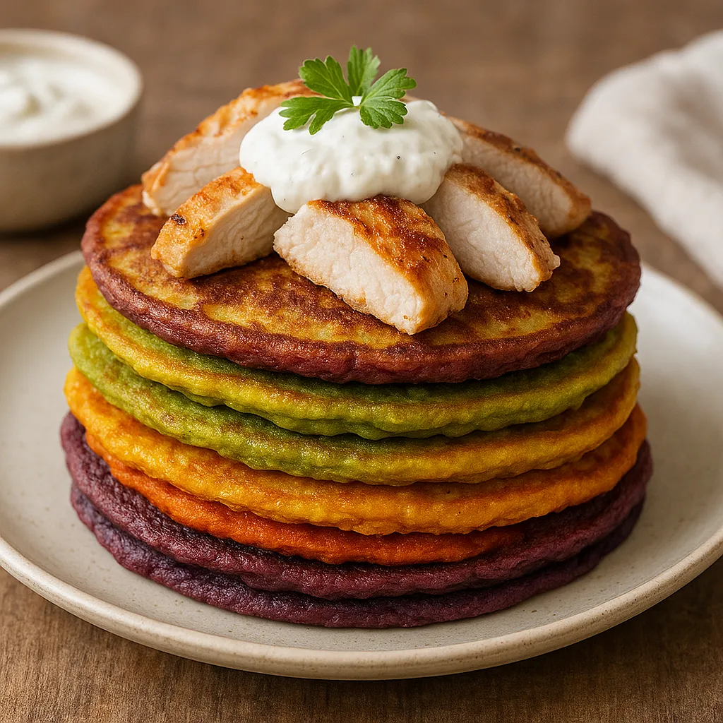 Rainbow Vegetable Pancakes with Chicken and Yogurt Sauce - photo 1