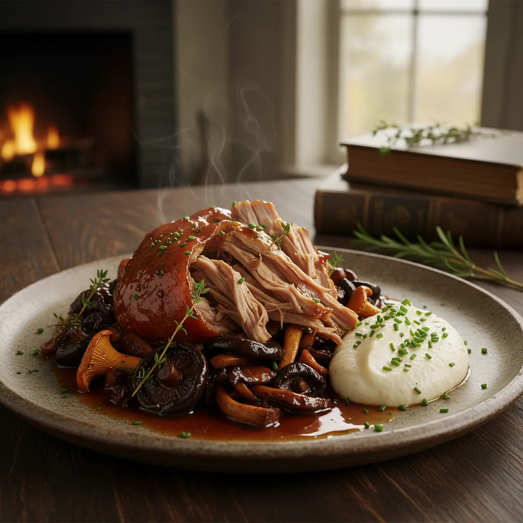 Braised Pork Neck in Non-Alcoholic Dark Beer with Wild Mushrooms and Horseradish Purée - photo 1