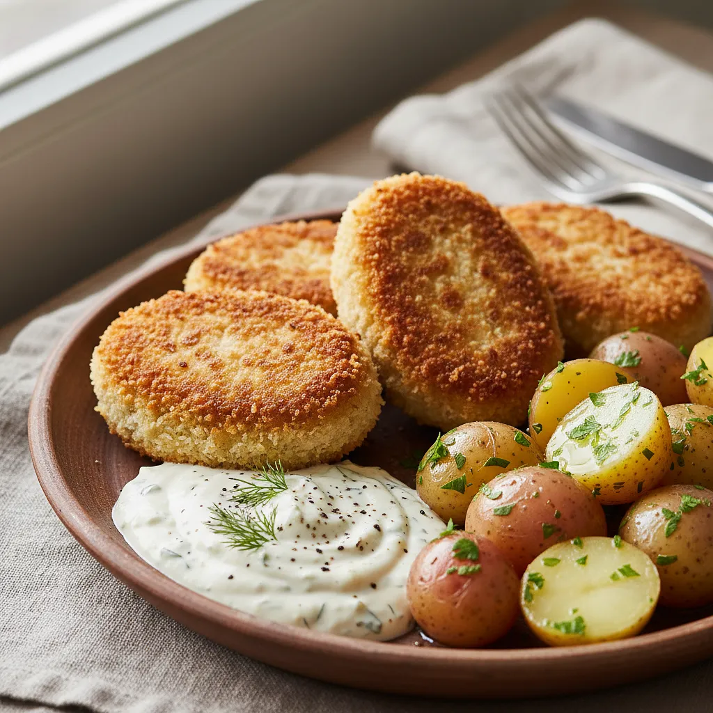 Golden Egg Cutlets with Horseradish Sauce and Young Potatoes - photo 1