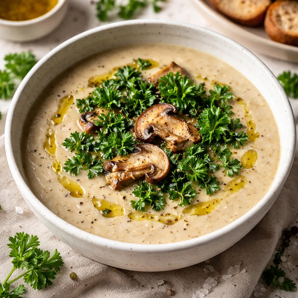 Creamy porcini mushroom soup with parsley chips and truffle oil - photo 1