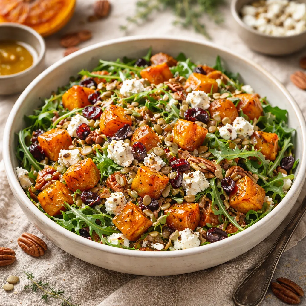 Autumn salad with roasted pumpkin, spelt groats, and feta cheese - photo 1