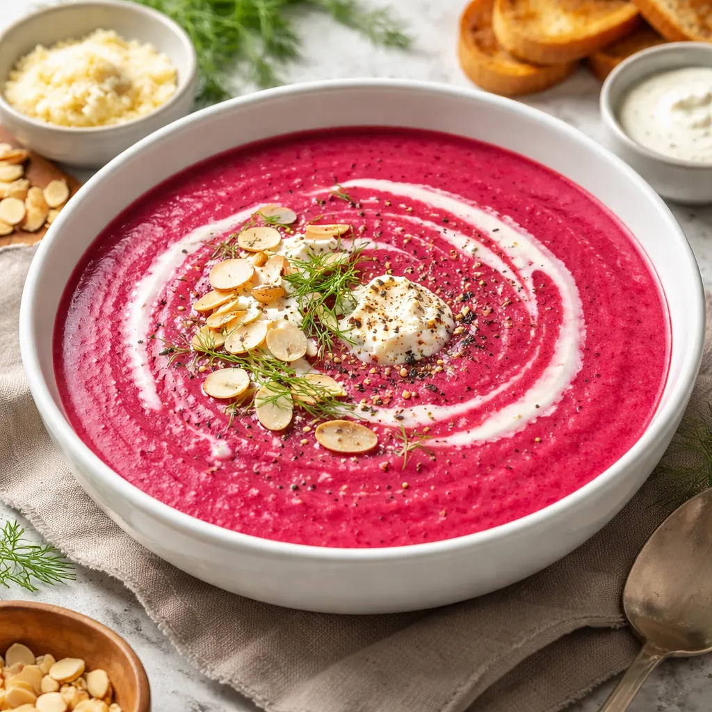 Creamy roasted beet soup with a hint of horseradish and toasted almonds - photo 1