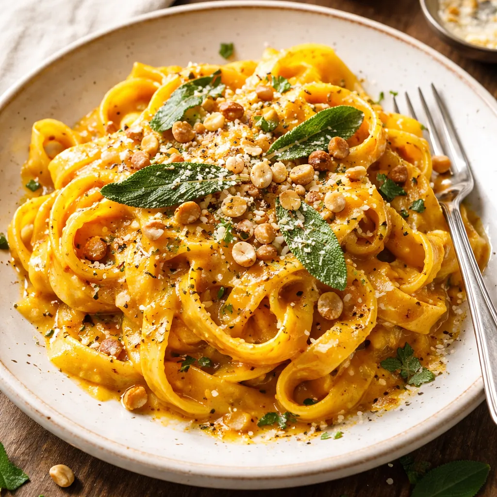 Tagliatelle w aksamitnym sosie z pieczonej dyni z szałwiowym masłem i prażonymi orzechami laskowymi - zdjęcie 1
