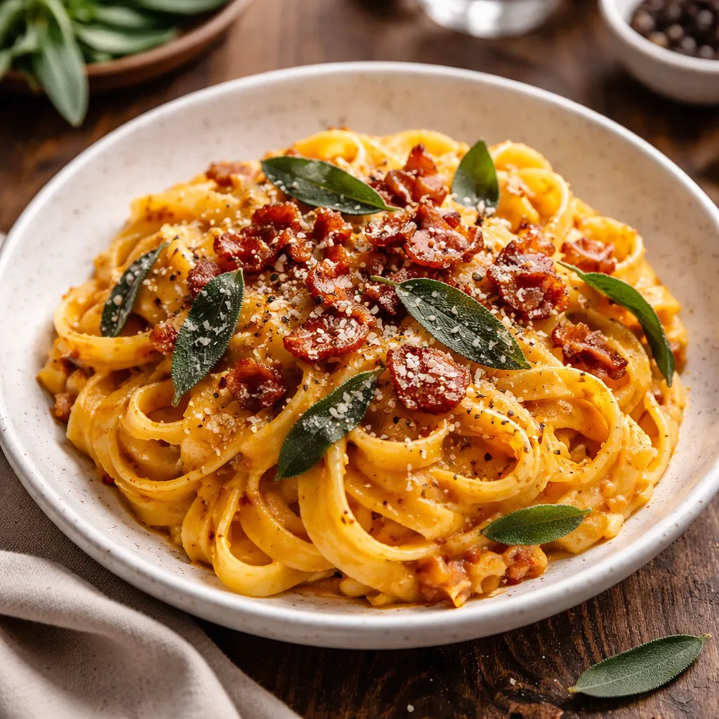 Tagliatelle z kremowym sosem z pieczonej dyni, szałwią i chrupiącym boczkiem - zdjęcie 1