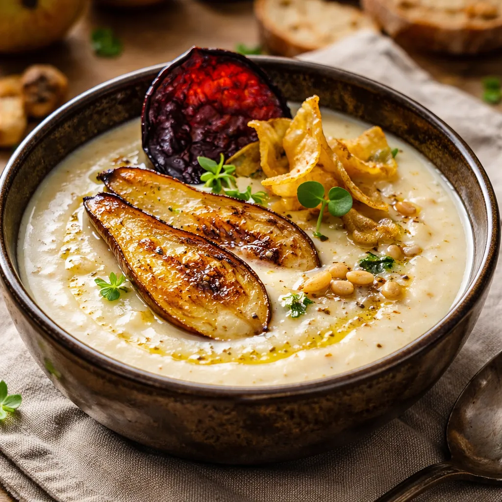 Roasted Parsnip Cream with Pear and Smoked Plum Chip - photo 1