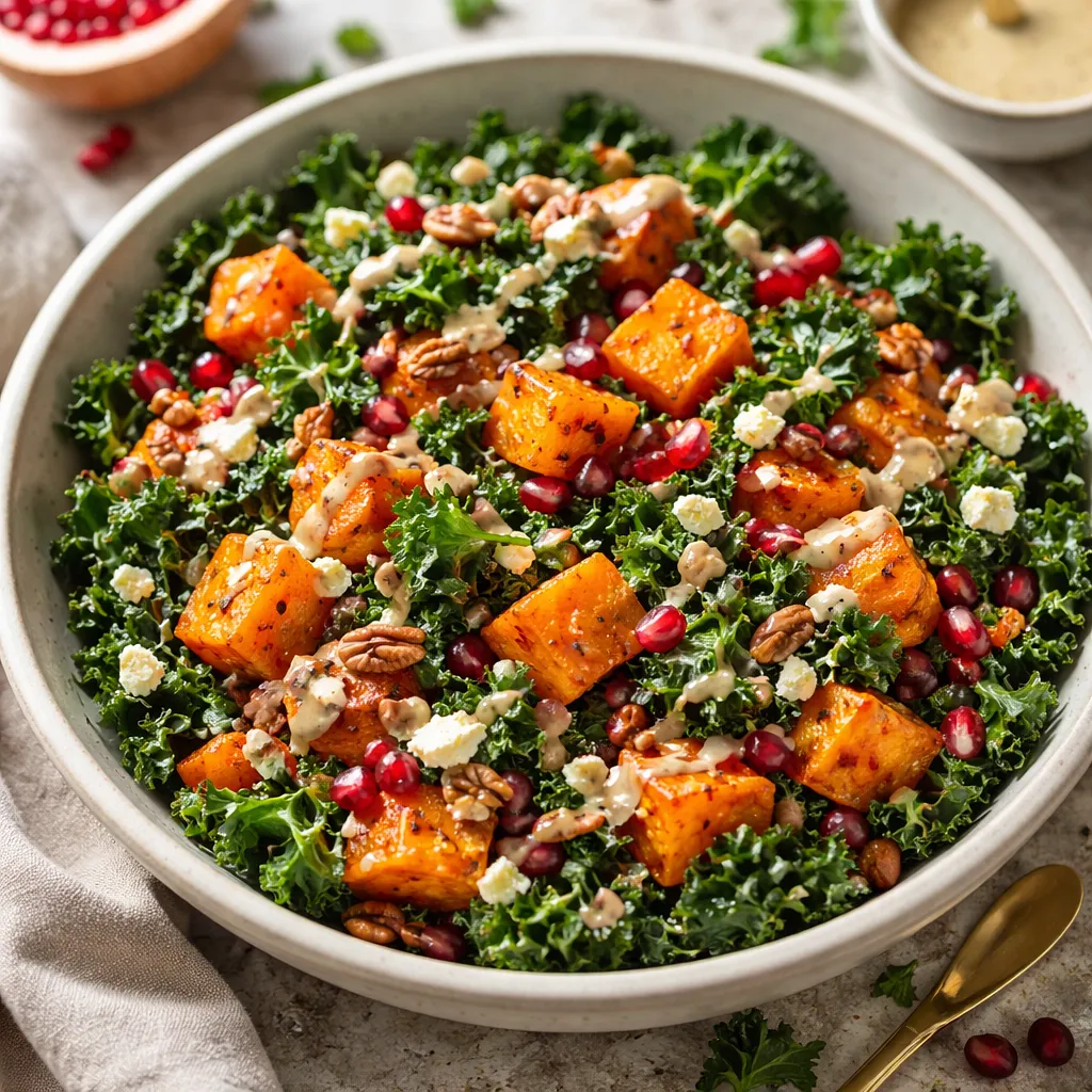 Salad with Roasted Butternut Squash, Kale, and Pomegranate in Maple-Tahini Dressing - photo 1