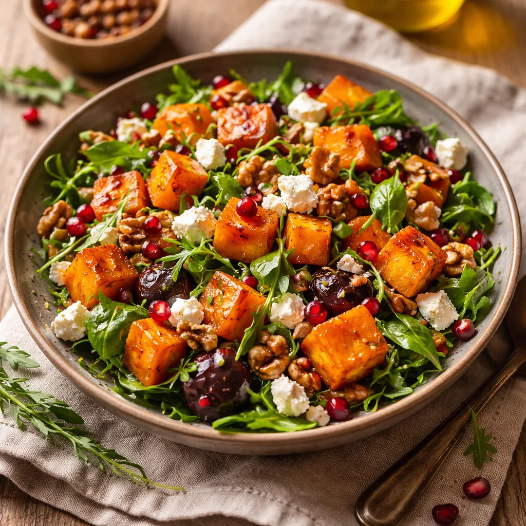 Autumn salad with roasted pumpkin, feta cheese, and walnuts - photo 1
