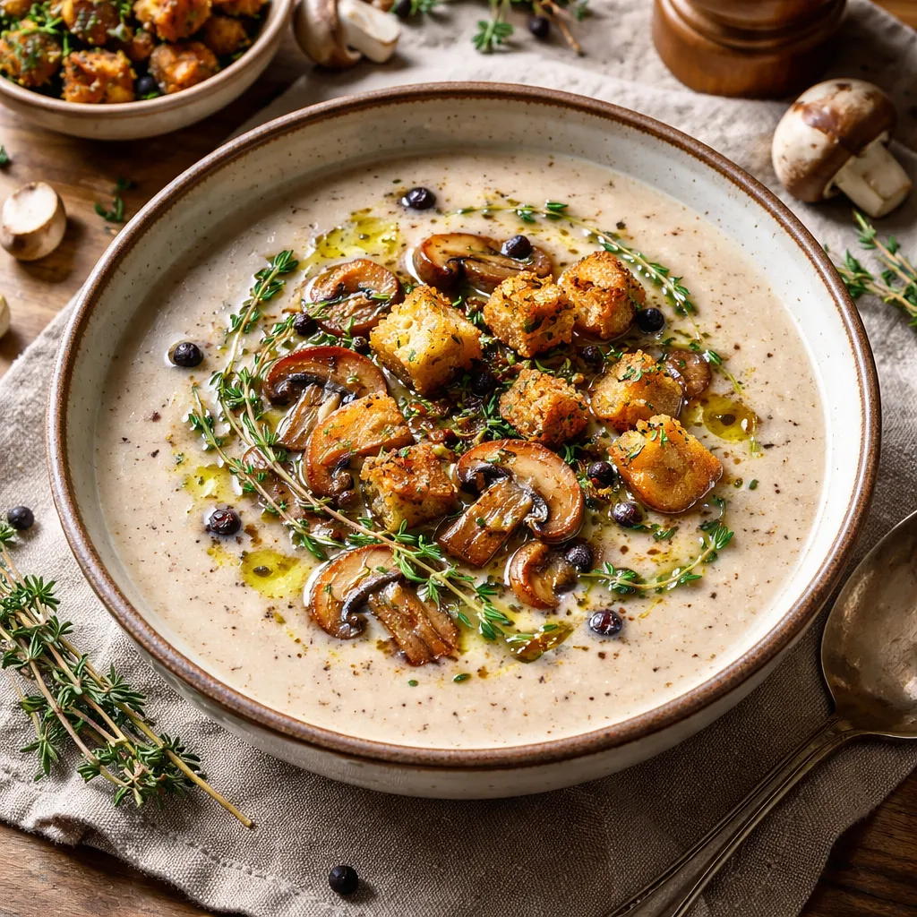 Creamy Mushroom Soup with a Hint of Juniper and Herbed Croutons - photo 1