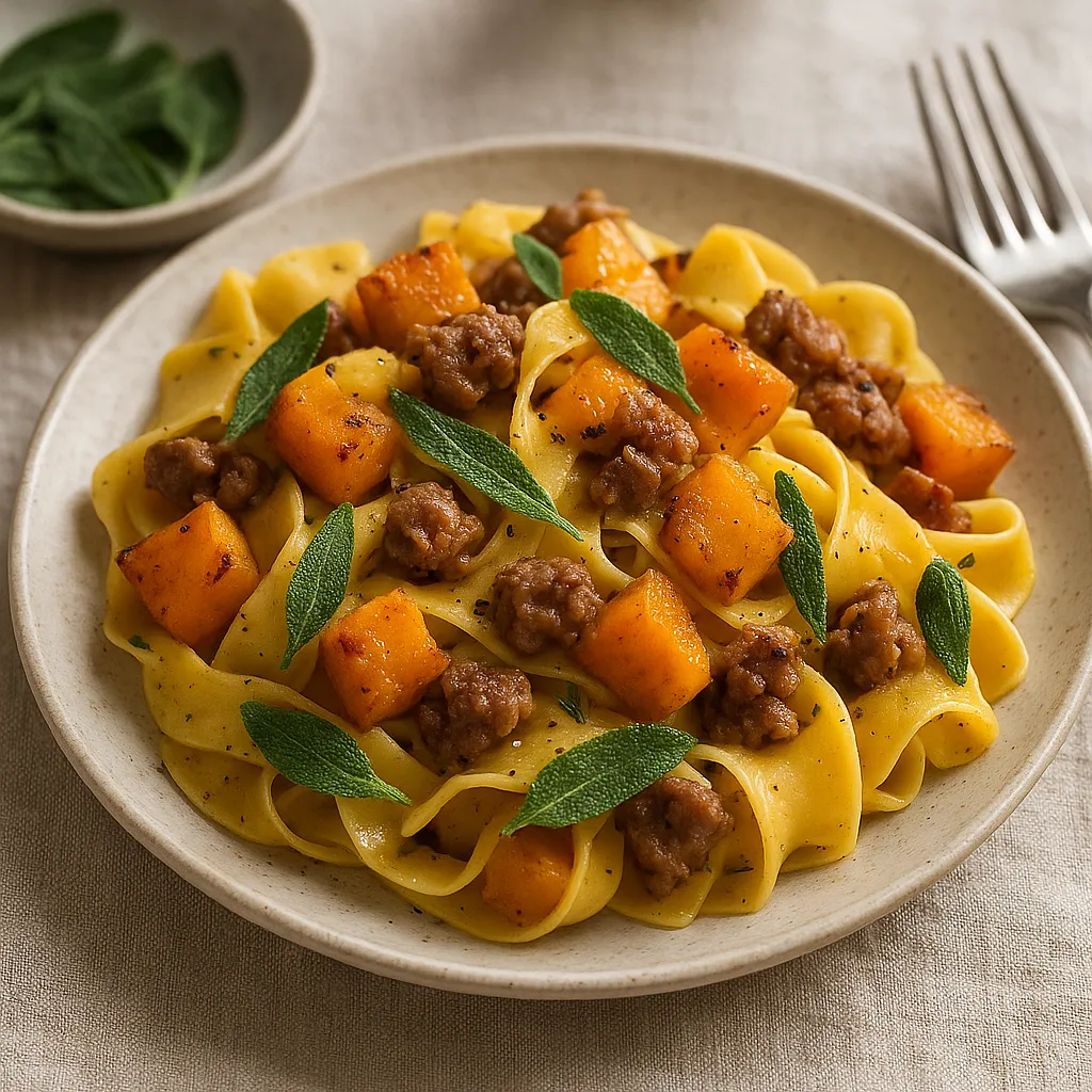Przepis na: Pappardelle z Pieczoną Dynią, Szałwią i Kiełbasą Salsiccia - zdjęcie 1