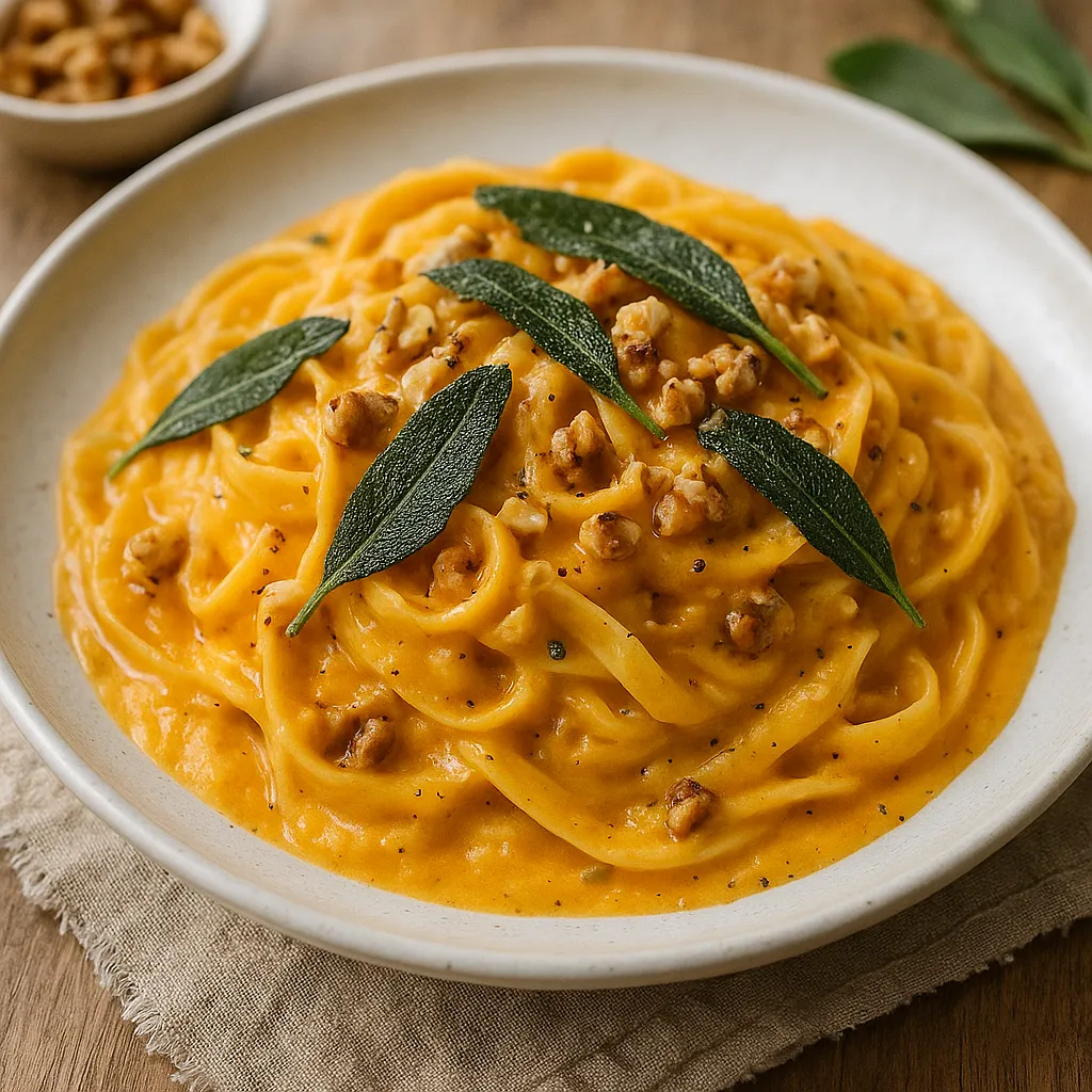 Tagliatelle z kremowym sosem z pieczonej dyni piżmowej, chrupiącą szałwią i orzechami włoskimi - zdjęcie 1