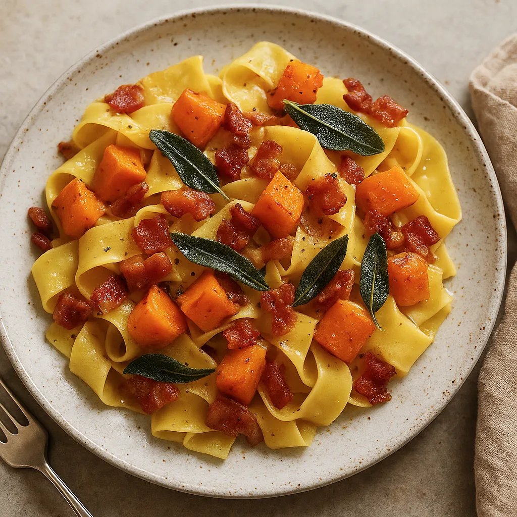 Pappardelle z pieczoną dynią piżmową, palonym masłem szałwiowym i chrupiącym pancetta - zdjęcie 1