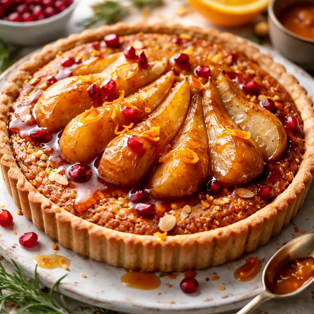 Przepis na: Zimowa tarta z migdałowym frangipane i karmelizowanymi gruszkami z sosem pomarańczowo-granatowym - zdjęcie 1