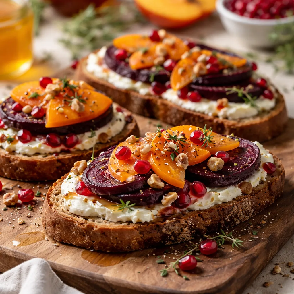 Winter Tartines with Roasted Beetroot, Creamy Goat Cheese, Persimmon, and Pomegranate - photo 1