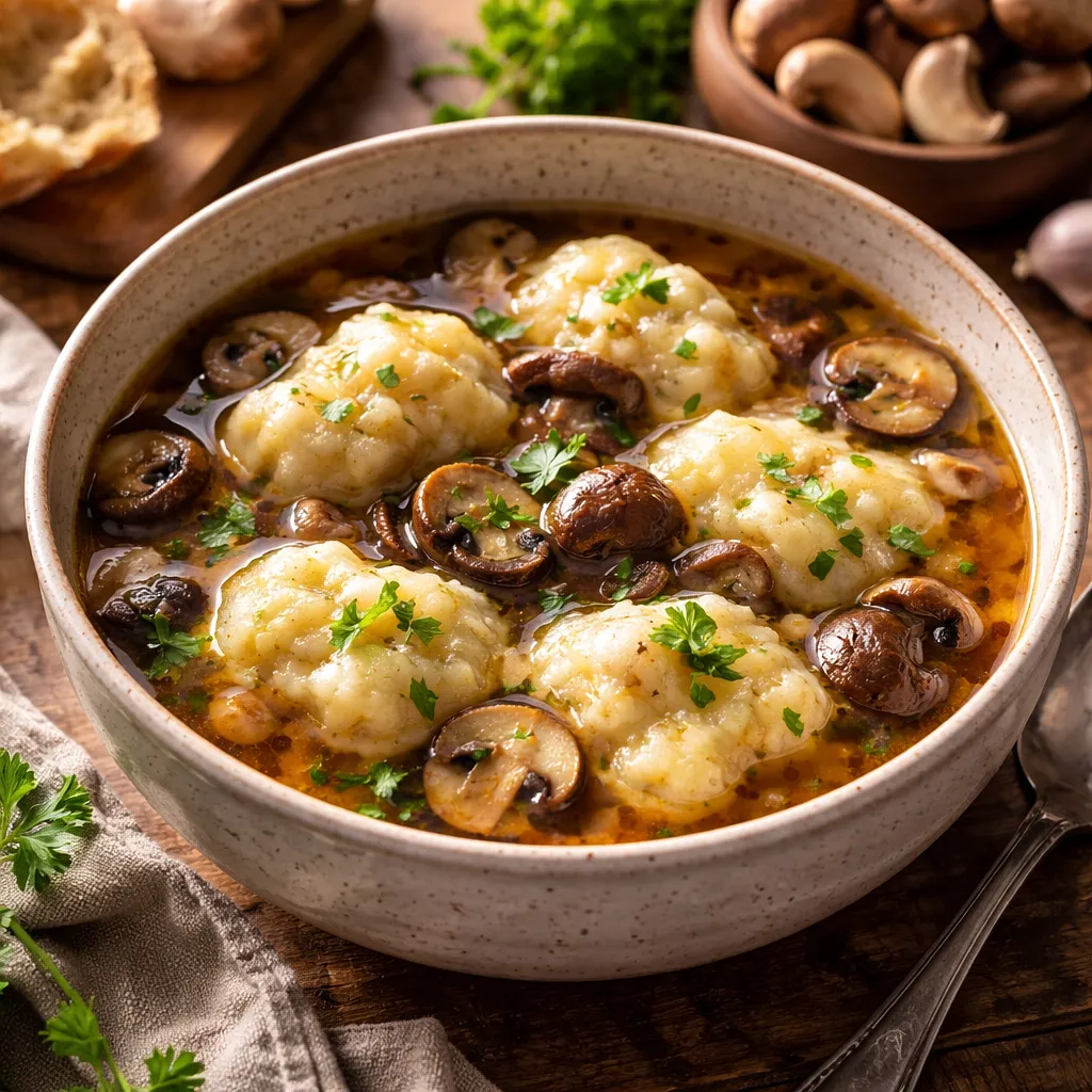 Tradycyjna zupa grzybowa z suszonych borowików ze świeżymi grzybami i lanymi kluskami - zdjęcie 1