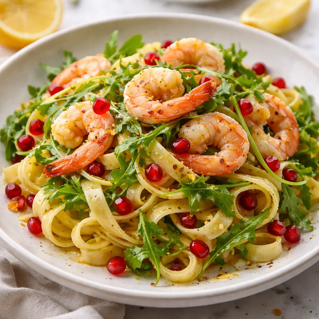 Tagliatelle al Limone z Krewetkami, Rukolą i Pestkami Granatu - zdjęcie 1