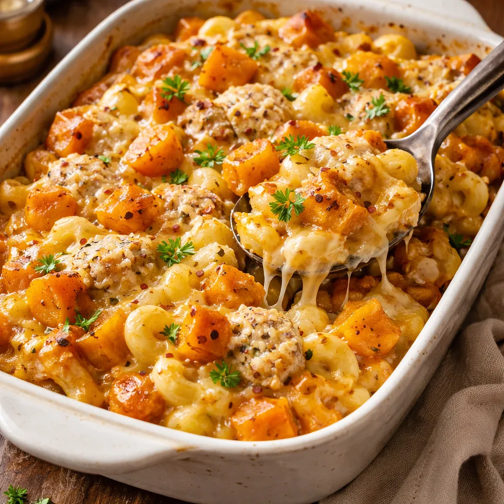 Recipe for: Baked pasta for kids with pumpkin and chicken (comfort food) - photo 1