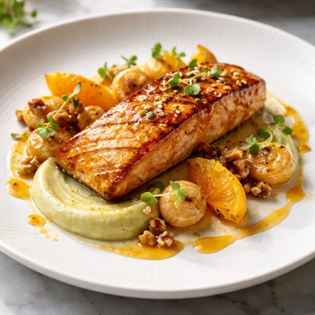 Elegant grilled salmon fillet in orange-honey glaze with celery cream and caramelized beets - photo 1
