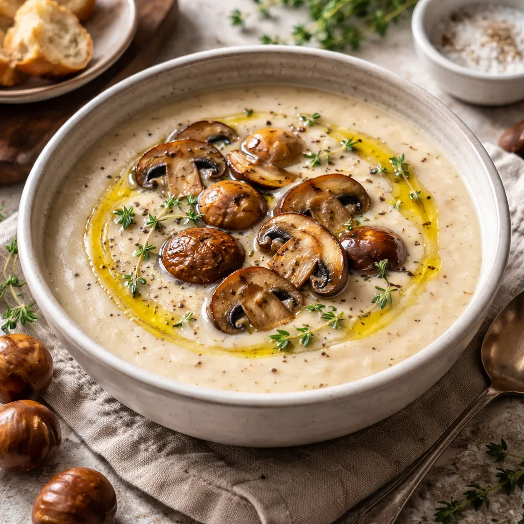 Creamy mushroom soup with chestnuts and truffle oil - photo 1