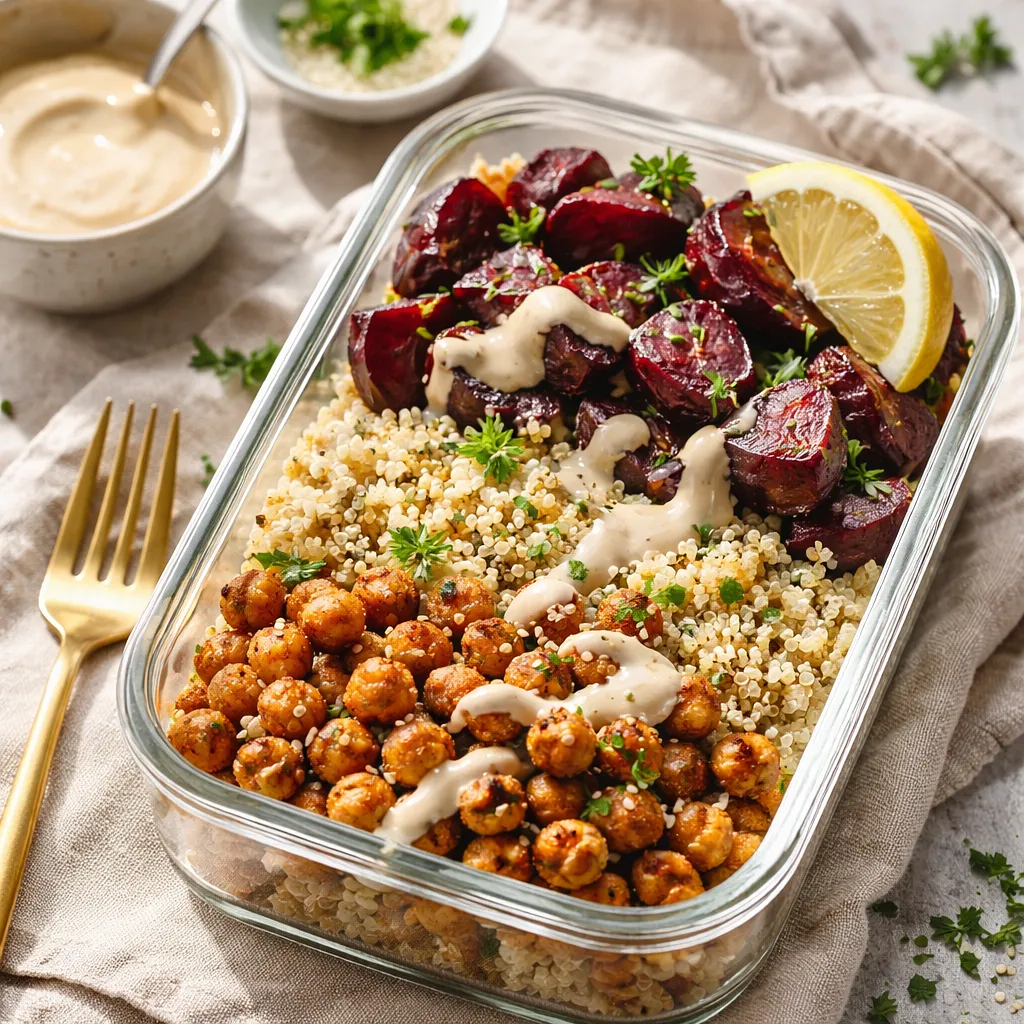 Przepis na: Szybki zimowy lunchbox: komosa z pieczonymi burakami, chrupiącą ciecierzycą i sosem tahini - zdjęcie 1