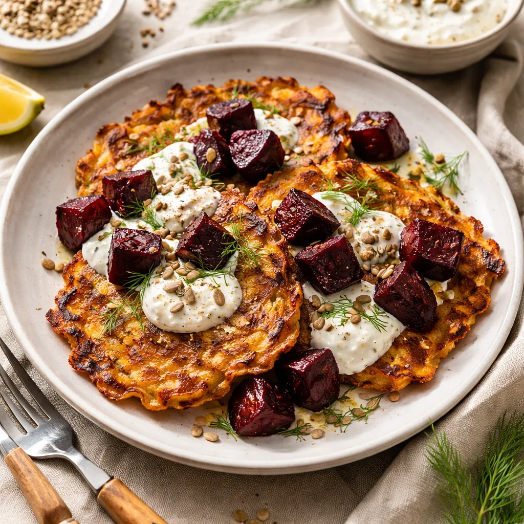 Zimowe placki ziemniaczane z pieczonymi burakami, sosem jogurtowo‑chrzanowym i prażonym słonecznikiem - zdjęcie 1