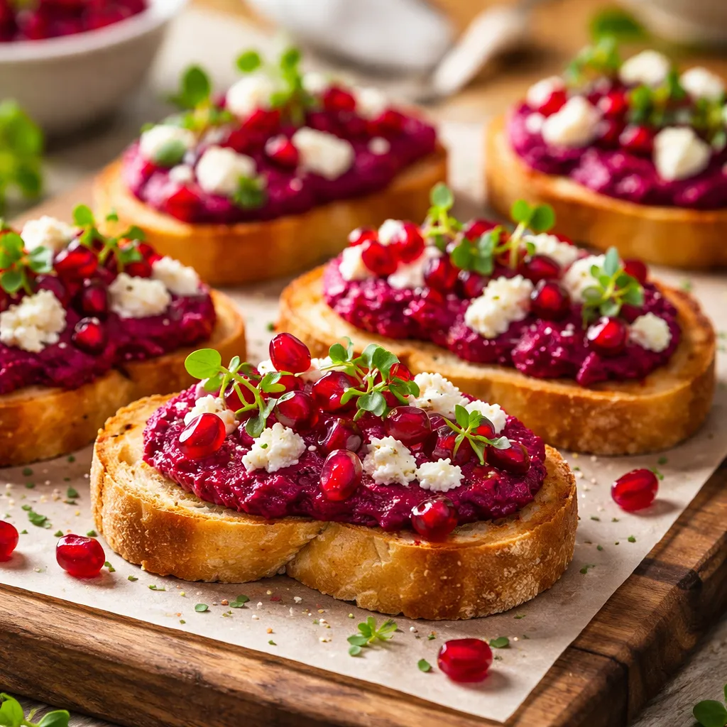 Chrupiące crostini z pieczonym burakiem, kremowym kozim serem i granatem - zdjęcie 1